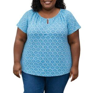 Just My Size Plus Size 2X (18W-20W) Top Blue Print Keyhole Neckline Cap Sleeve